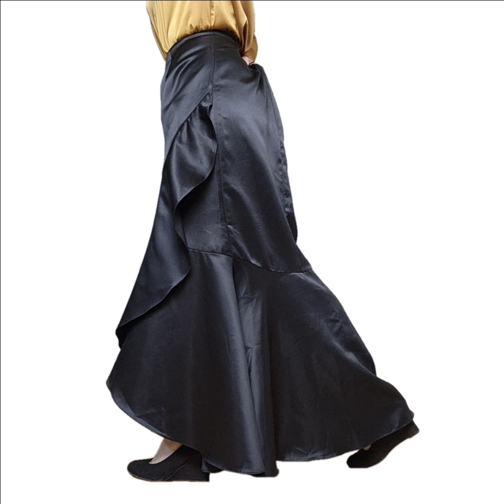 Black Maxi Skirt Satin Ruffle Vintage Elegant Mermaid skirt Evening J.R. NITES